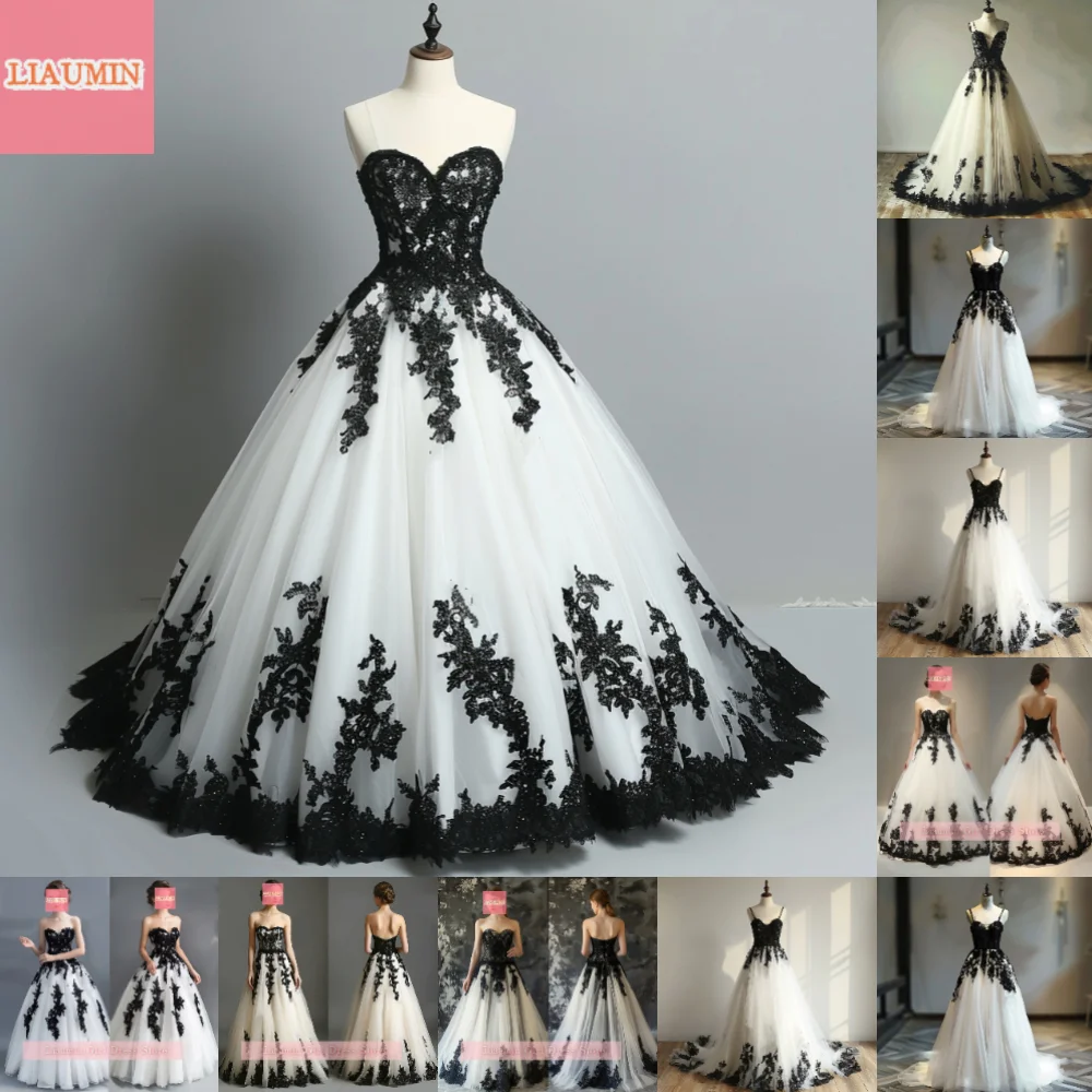 

White Tulle and Black Applique Floor Length Lace Up Back Evening Dress Wedding Occasion Elagant Clohing Hand Made Custom W11-1