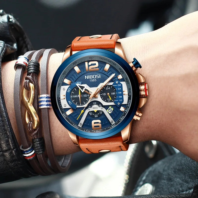 

NIBOSI New Mens Watches Top Brand Luxury Leather Waterproof Calendar Fashion Chronograph Quartz Watch for Men Relogio Masculino