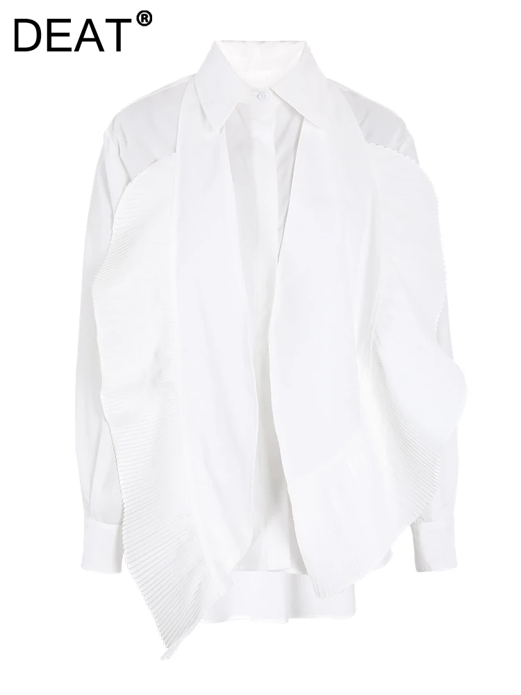 

Женская рубашка с отложным воротником DEAT, свободная однобортная плиссированная Асимметричная блузка составного кроя с длинным рукавом, весна 2024, CPDB030