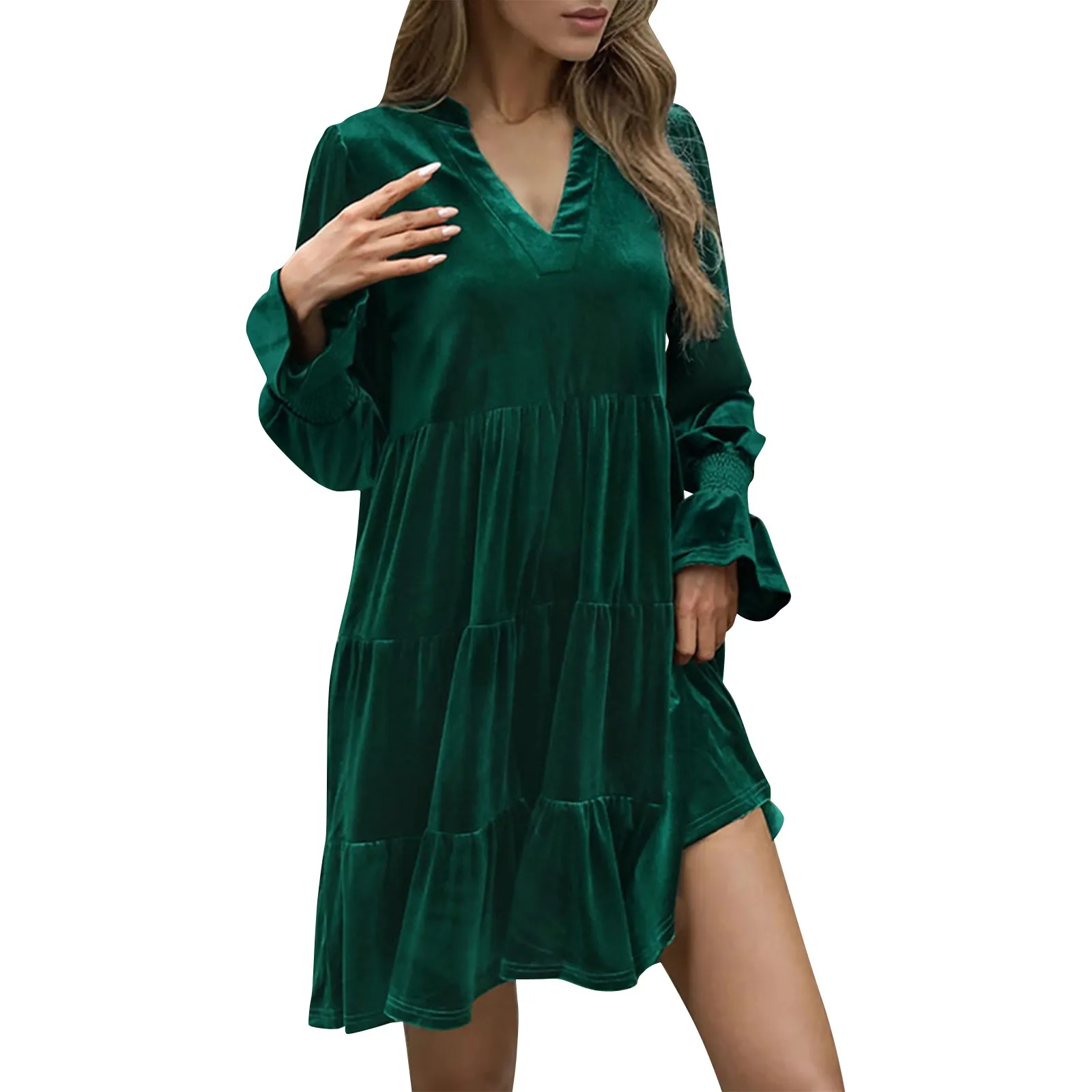 

Traf Women 2024 Women'S Spring Casual Fashion Long Sleeve Solid Color V-Neck Swing Dress Vestidos Mujer فساتين طويلة