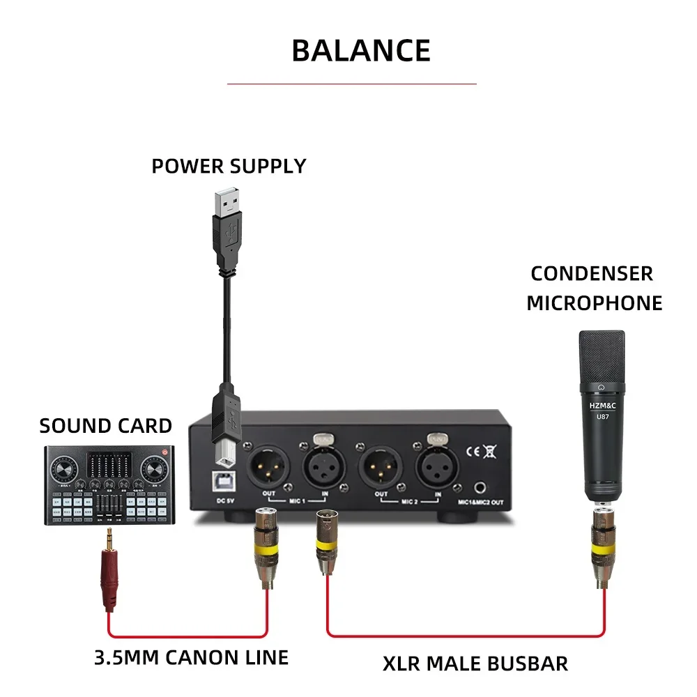 

USB Dual Mixed Output Phantom Power Supply 48V Metal For Condenser Microphones Music Recording Equipment