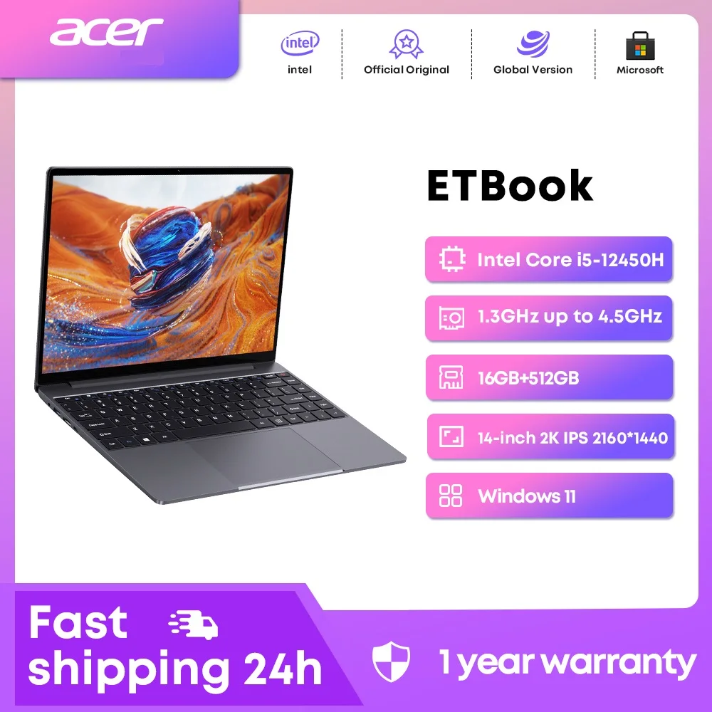 

ACER ETBook Gaming Laptop Intel Laptop Core i5-12450H Notebook 16GB RAM 512GB SSD Computer 14" 2K IPS WiFi 6 Windows 11 laptops