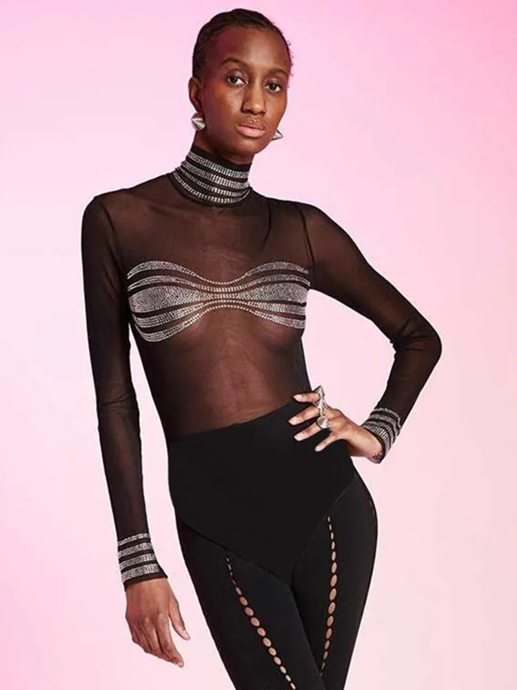 

Sexy Bodysuit Lingerie Applique One-Pieces Body Feminino See Through Black Top Women Rave Outfit Turtleneck Lenceria Tranparente
