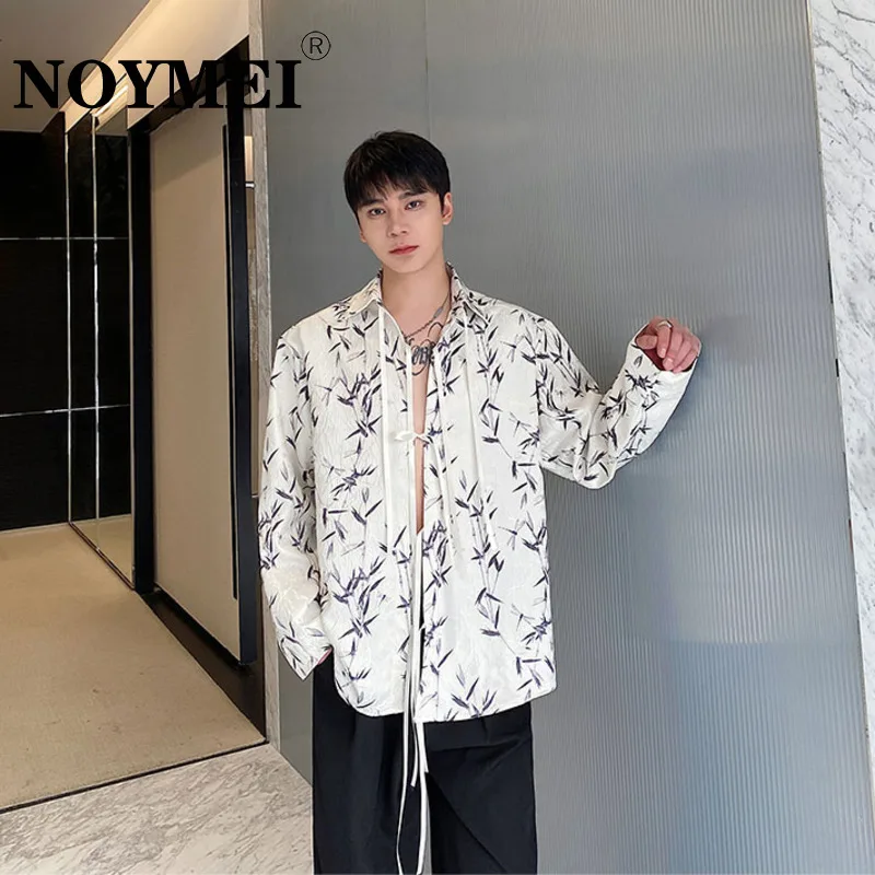 

NOYMEI Ink Bamboo Jacquard Turn-down Collar Long Sleeved Men Shirts Chinese Style Lacing Design Spring New 2024 Male Top WA4029