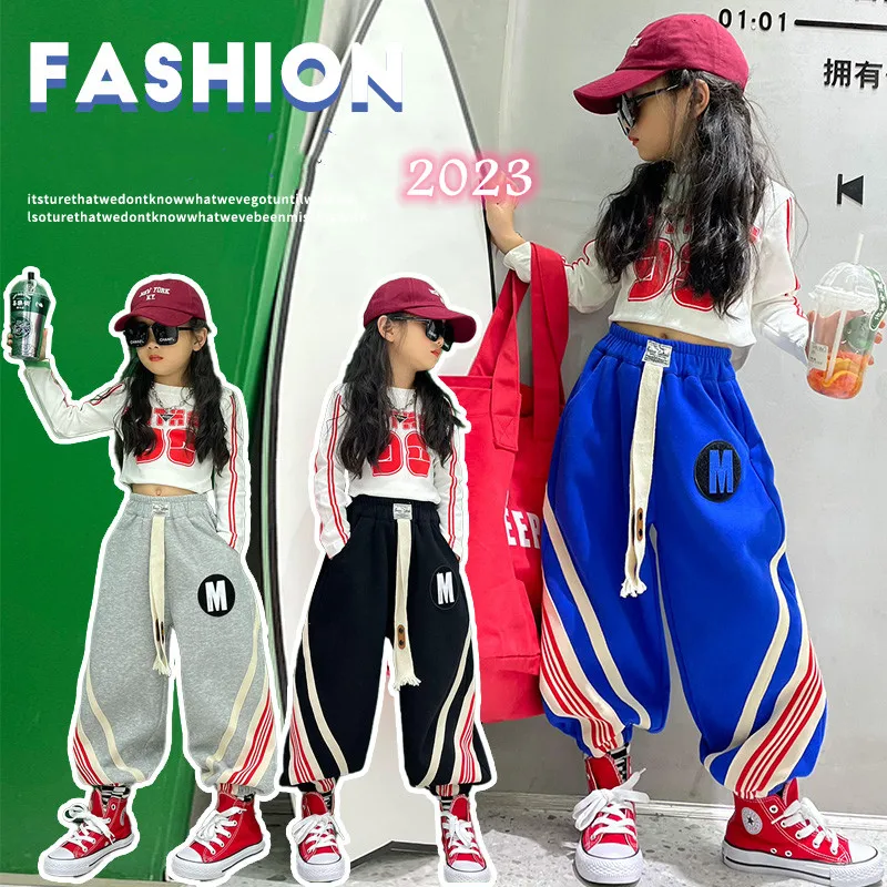 

2023 spring Korean Style Children's jogger pants for girls loose casual Sweatpants Boy Patchwork stripe Ankle-Tie Harem trousers