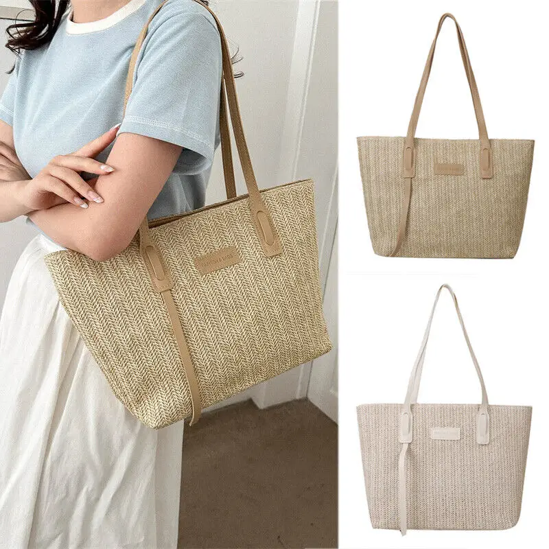 

Summer Straw Bags For Women Casual Beach Weaving Totes Ladies Handbags Commuter Travel Large Capacity Shopper Shoulder Bag