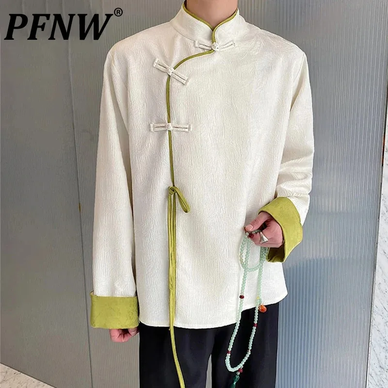 

PFNW Jacquard Contrast Color Male Shirts Standing Neck Long Sleeve Men's Shirt Spring New Chinese Style Trendy Chic Top 9C5133