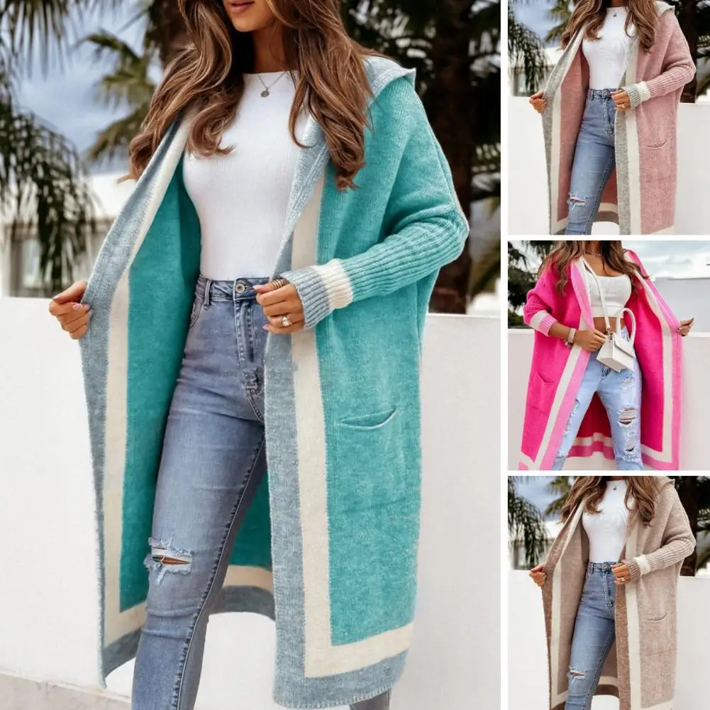 Women Autumn Winter Mid-length Knitting Cardigan Hooded Long Sleeve Patchwork Color Pockets Open Front Sweater Coat Streetwear
Women Autumn Winter Mid-length Knitting Cardigan Hooded Long Sleeve Patchwork Color Pockets Open Front Sweater Coat Streetwear