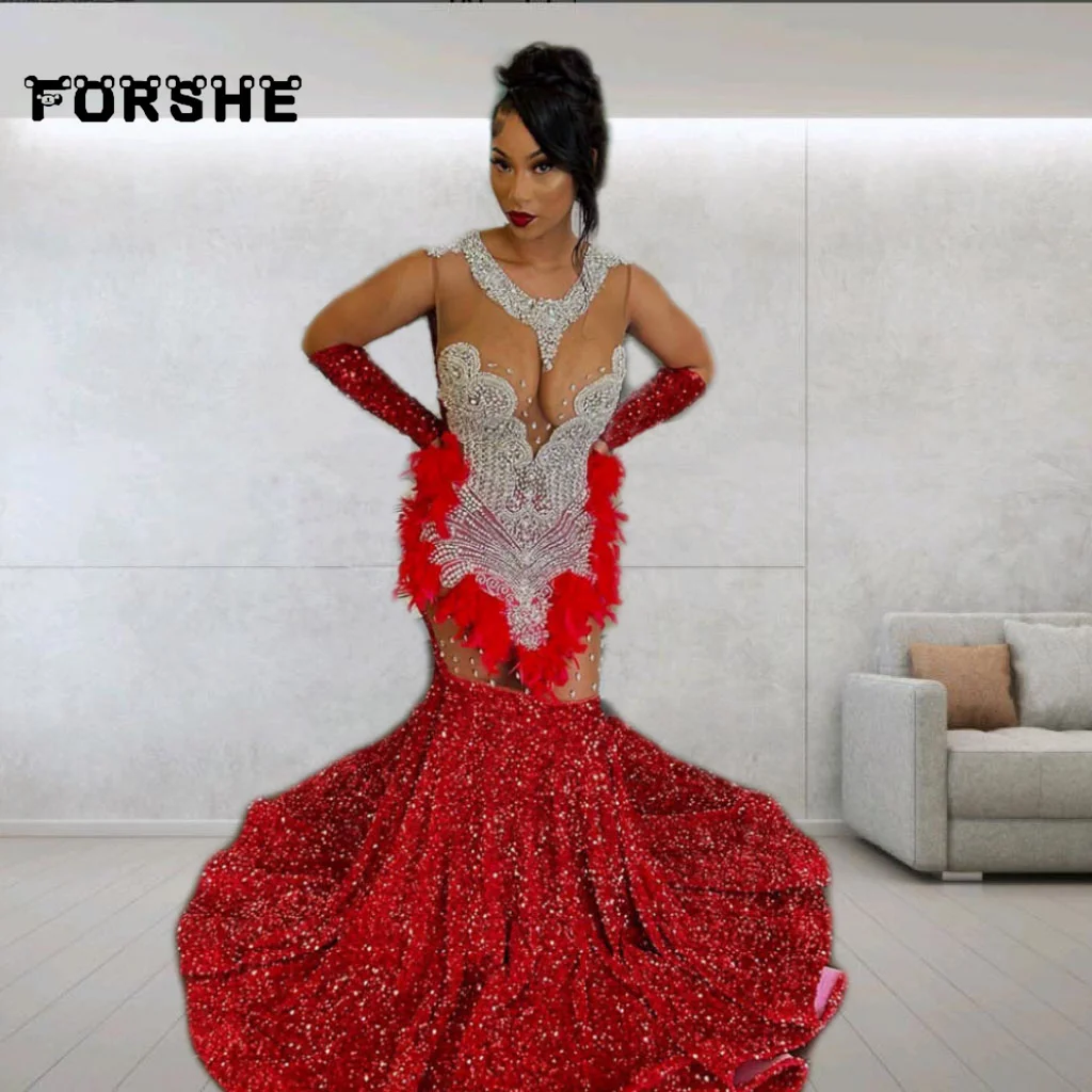 Red Rhinestone Prom Dresses Long Sleeves Sequined Sparkly Black Girls Party Gala Gowns Feathers Evening Dress vestidos de gala
Red Rhinestone Prom Dresses Long Sleeves Sequined Sparkly Black Girls Party Gala Gowns Feathers Evening Dress vestidos de gala