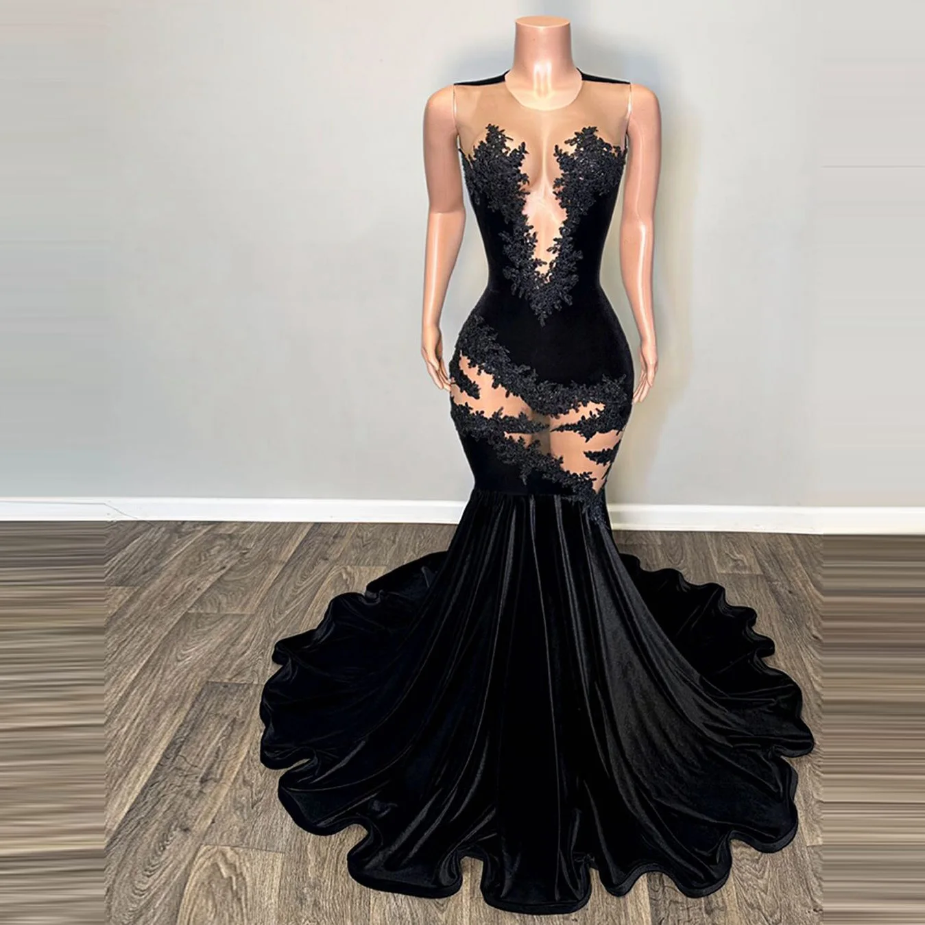 

Элегантное черное бархатное вечернее платье-русалка, Сетчатое кружевное платье с аппликацией для выпускного вечера Aso Ebi, Черное вечернее платье для девушек, индивидуальный пошив
