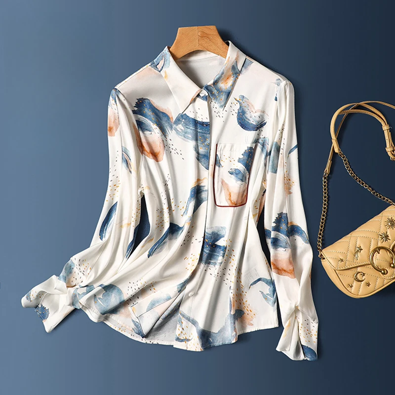 

Женские атласные рубашки с принтом, летние свободные винтажные блузки, женская одежда с длинным рукавом, шелковые женские топы YCMYUNYAN, новинка 2023