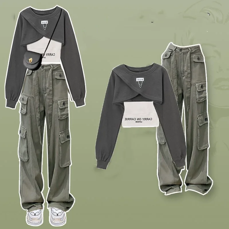 Women Spring Autumn Short Sweatshirt Sling Cargo Pants Set Korean Lady Casual T Shirt Trousers Outfits 2024 New Clothing Female
Women Spring Autumn Short Sweatshirt Sling Cargo Pants Set Korean Lady Casual T Shirt Trousers Outfits 2024 New Clothing Female