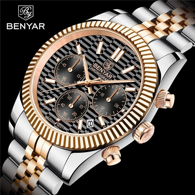 

Benyar For Mens Watch Six Hands Japan Quartz Chronograph Wristwatch Sapphire Crystal Stainless 100m Waterproof Multifunctional