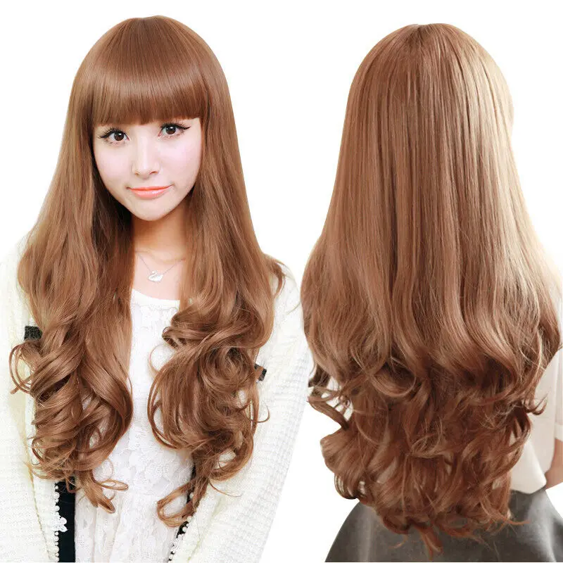 

Wholesale Japan Korea Asia Black Flaxen Brown Long Curly Hair Neat Bang Big Wave Women's Top Grade Synthetic Wig Full Head Cover