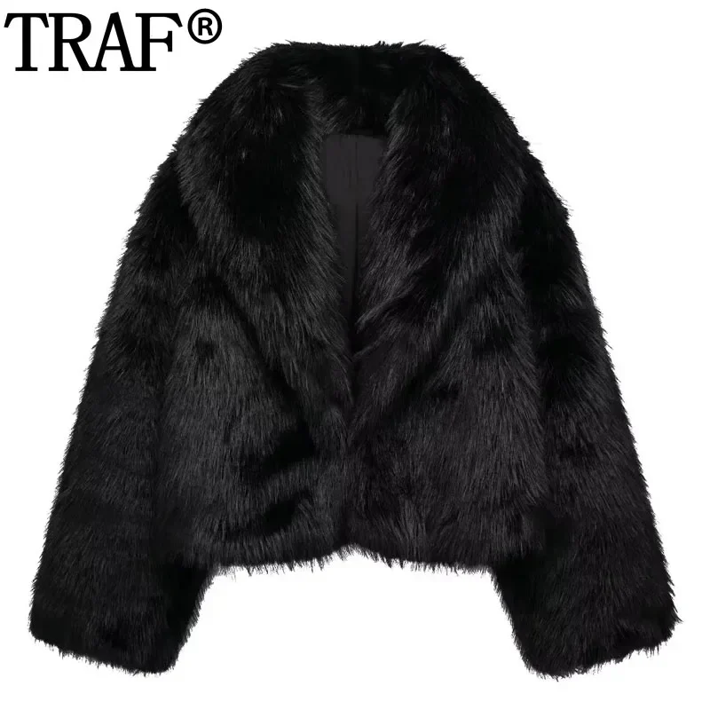 

TRAF Black Faux Fur Coat Woman Cardigan Cropped Jacket Women Winter Autumn Long Sleeve Warm Short Coats Fashion Teddy Jacket