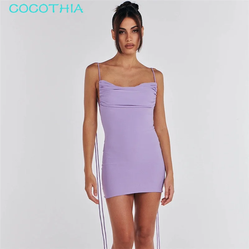 

COCOTHIA Spaghetti Strap Slash Neck Sleeveless Shirring Backless Slim Fit Mini Hip Dress Sexy Summer Street Trendsetter Vestidos