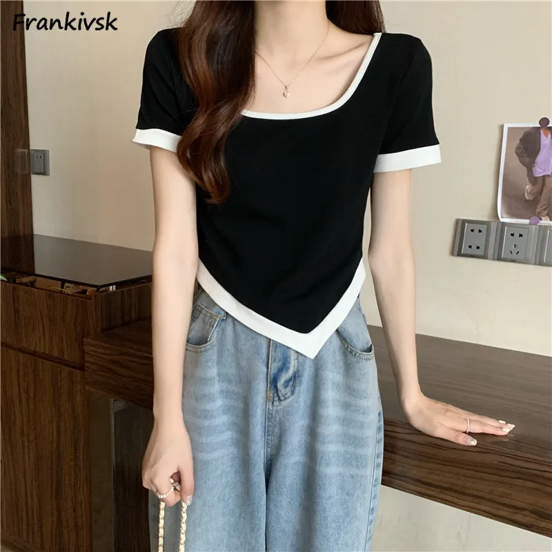 

Panelled Tees Women Retro Asymmetrical Slim Hotsweet Cropped Summer Korean Style Daily Elegant Square Collar Retro Streetwear