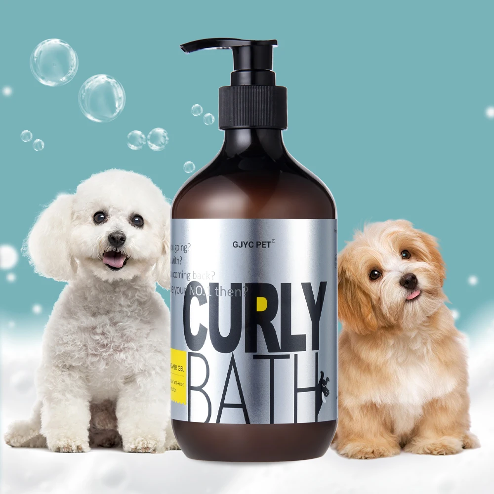 Dog Shampoo | Poodle Dog Shampoo A large "Curly Bath" bottle centered between two small, fluffy dogs—a white Bichon Frise on the left and a tan Poodle puppy on the right—with soap bubbles floating in a blue and white background.