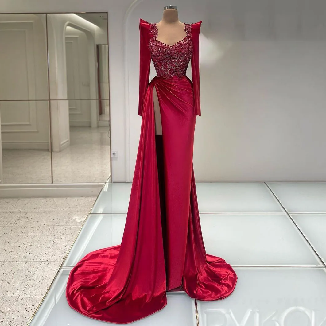 

Luxury Burgundy Mermaid Lace Evening Dresses V-Neck Glitter Cap Sleeves Pleats Celebrity Prom Dress High Side Slit Party Gowns