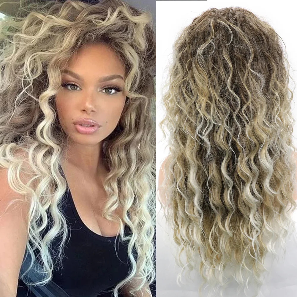 

WHIMSICAL W Synthetic Ash Blonde Wig Long Curly Hair Wigs for White Women Fluffy Ombre Hairstyle Natural Chic Root Curly Wig