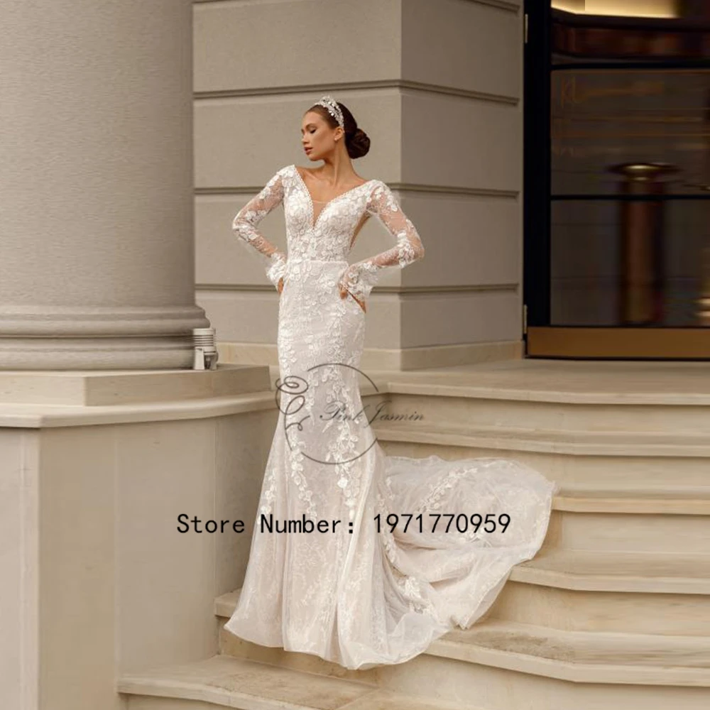 

Mermaid Luxury Full Sleeves Wedding Dress For Women Gorgeous Applique Lace Elegant V Neck Illusion Long Bridal Gown Court Train