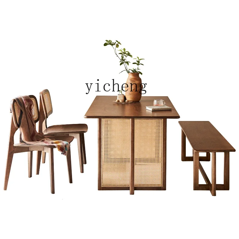 

ZC Solid Wood Dining Tables and Chairs Set Household Minimalist Modern Rattan Dining Table Small Apartment Walnut Dining Table