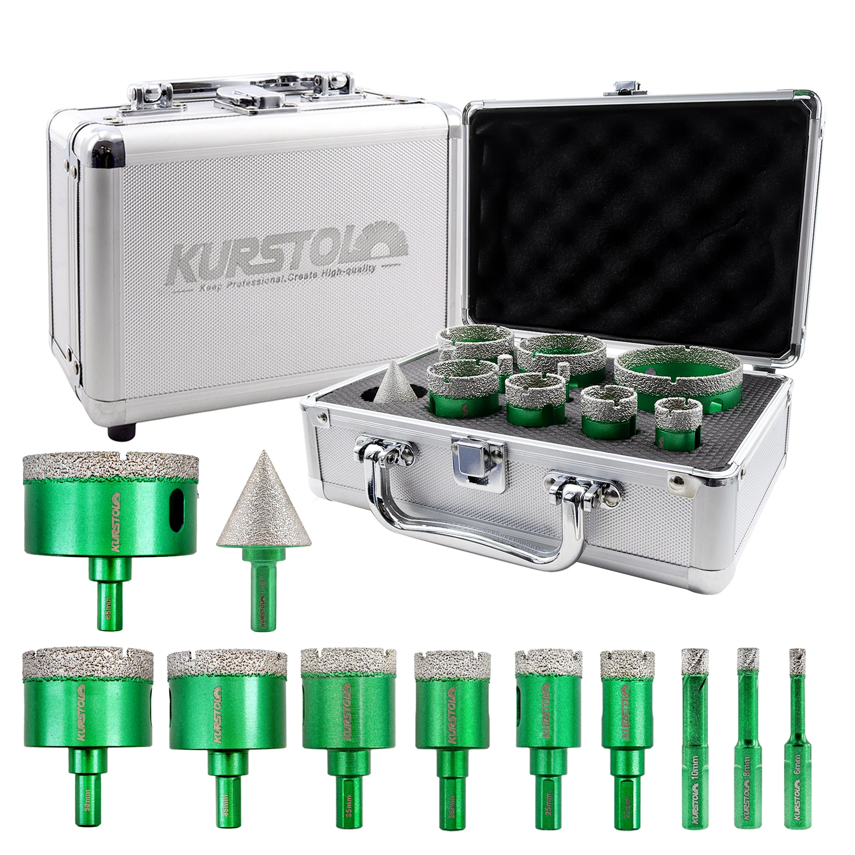 KURSTOL 11pcs Diamond Drilling Milling Bits Kit 6/8/10/20/25/28/35/45/50/65mm Triangle Shank Drill+35mm Chamfer Taper with Box
KURSTOL 11pcs Diamond Drilling Milling Bits Kit 6/8/10/20/25/28/35/45/50/65mm Triangle Shank Drill+35mm Chamfer Taper with Box