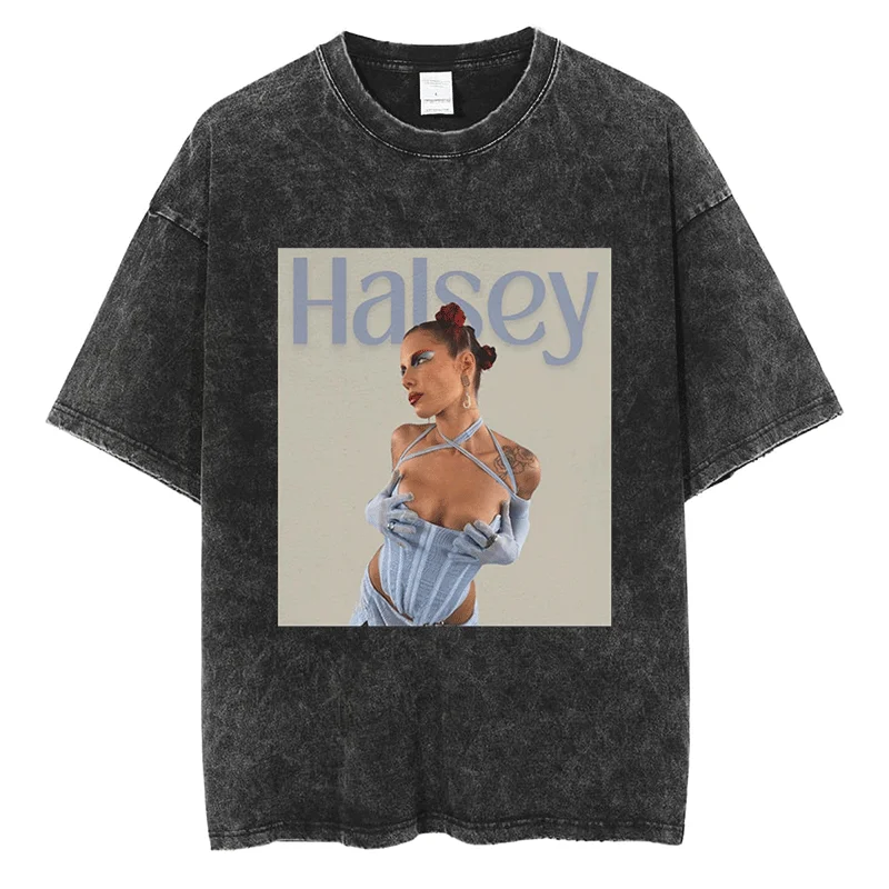 

High Street Fashion Halsey Graphic T Shirt Men Women Retro Clothes Tops Quality Cotton Vintage Oversized Black Short Sleeve Tees