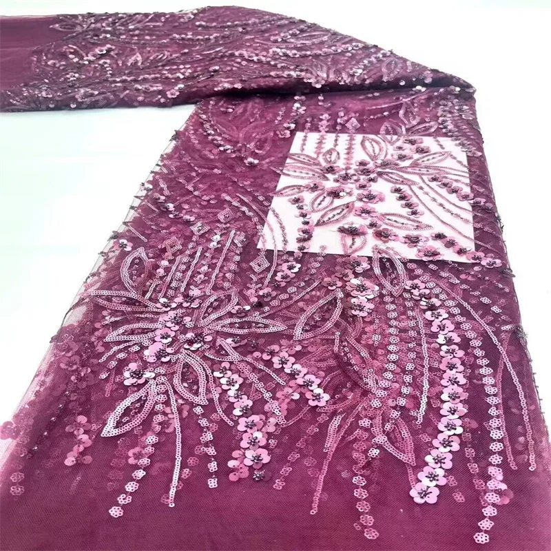 

Luxury 3D Lace Fabric 5 Yards Dubai Hand Beaded Tulle Lace Fabric Pink Embroidered Applique African Fabric For Sewing Material