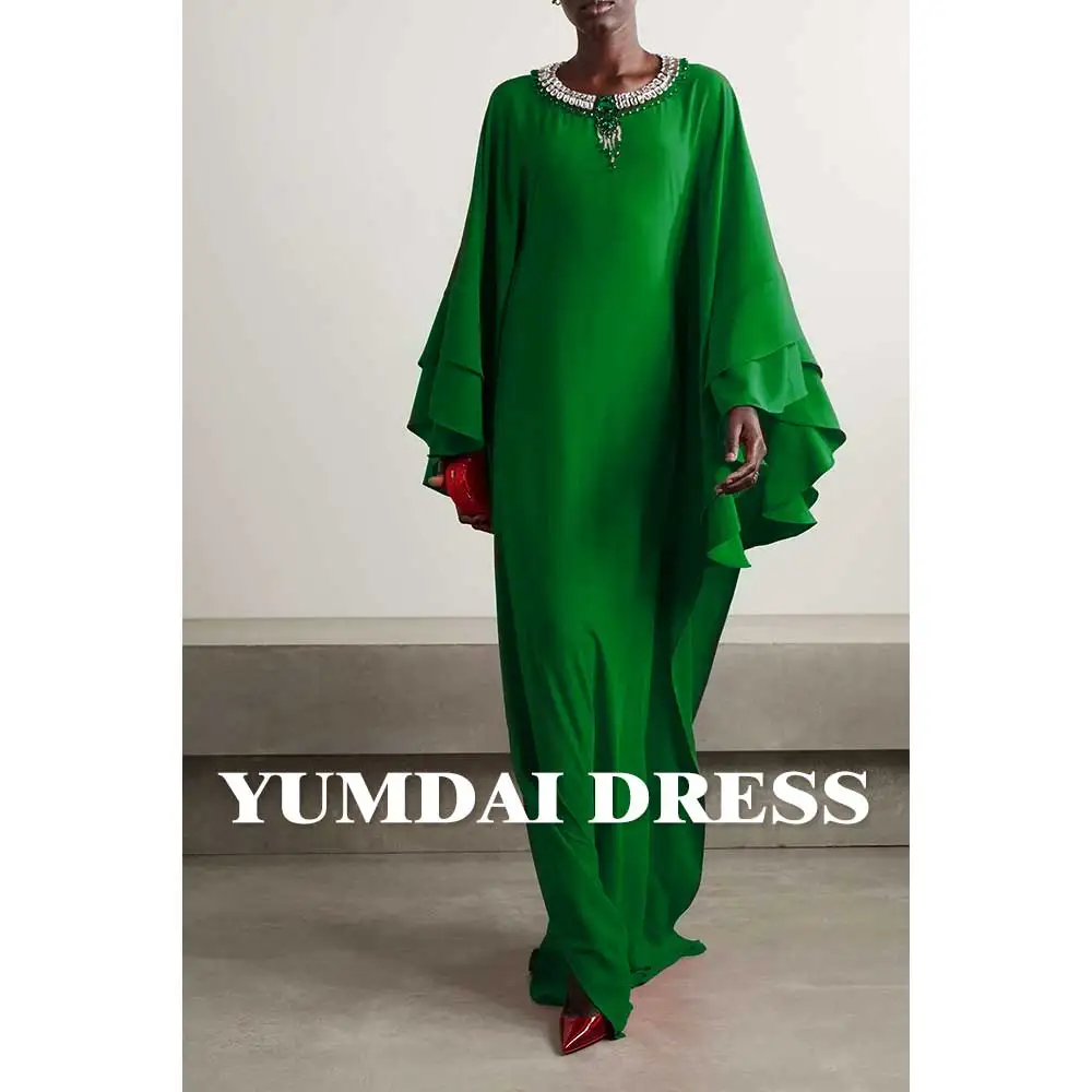 

YUMDAI Luxurious Dark Green Crepe Shawl Sleeve Rhinestone Evening Gown 2024 Saudi Arabia Wedding Party Dress Formal Guest Robe