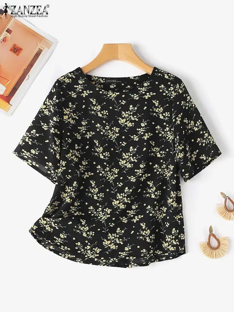 

Богемная рубашка с цветочным принтом 2024 ZANZEA, летняя женская блузка, женские блузы с коротким рукавом и круглым вырезом, повседневные праздничные топы, туника для женщин