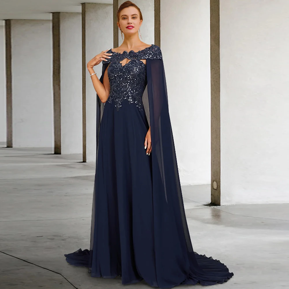 Navy Blue Chiffon Mother of the Bride Dresses O Neck Wedding Party Gowns Appliques Sequined Floor-Length Robe De Soirée Femme 
Navy Blue Chiffon Mother of the Bride Dresses O Neck Wedding Party Gowns Appliques Sequined Floor-Length Robe De Soirée Femme