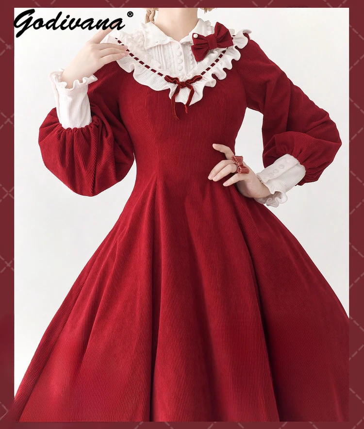 

Autumn and Winter Lolita Dress Female Girls Retro Stand Collar Slim Corduroy Long Sleeve Dress Fashion A Line Dresses