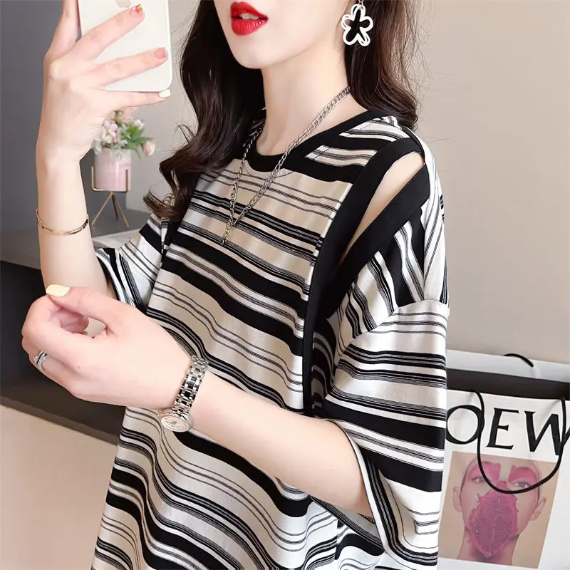 

Women's Clothing Summer New Korean Commute Loose Midi Striped Crew Neck Spliced Hollow Out All-match Short Sleeve T-shirts Tops