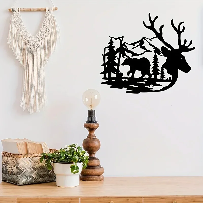 

Hello Young Wild Animal Wall Hanging Decor Deer Bear in The Forest Pine Tree Metal Hanging Sign Wall Art Living Room Office Home