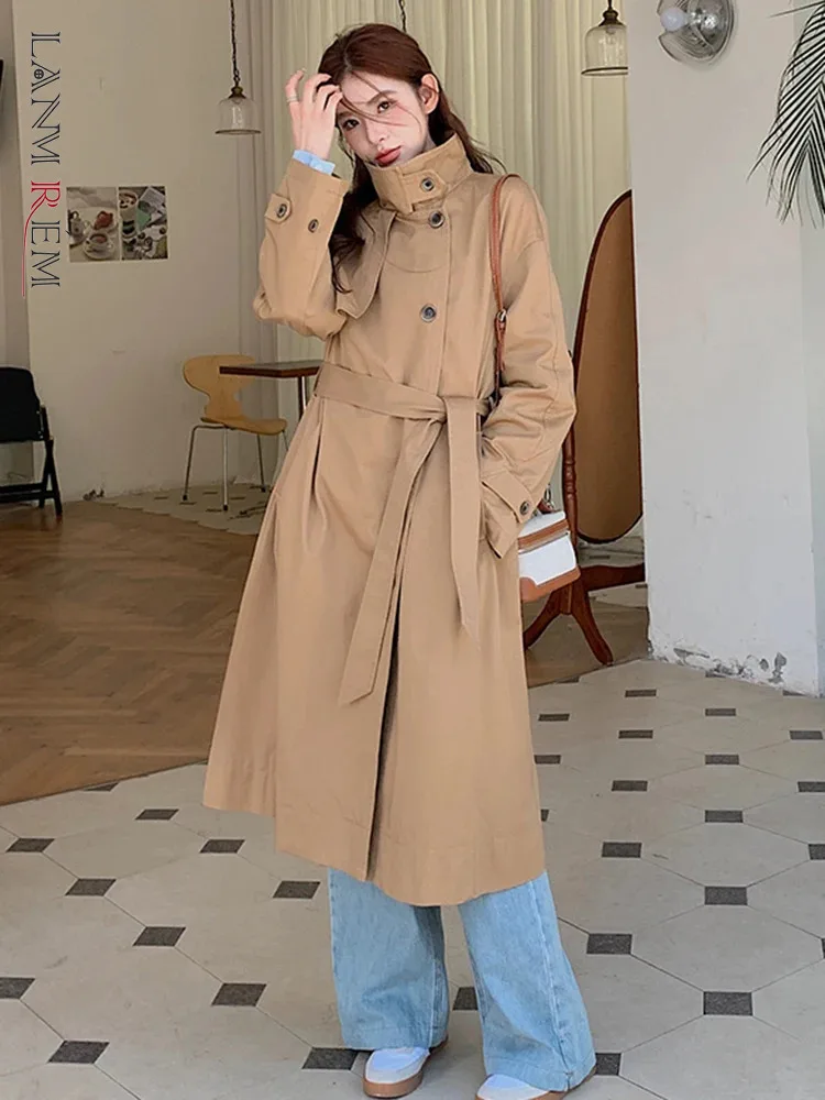 

LANMREM Korean Style Khaki Mid Length Trench Coat Women Stand Collar Belt Gathered Waist Windbreaker 2024 Spring New 2AA3928