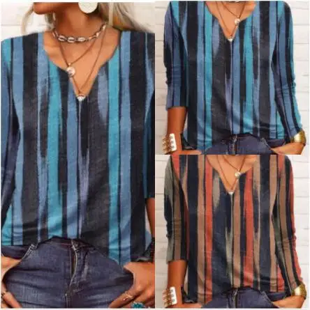 

Women's T-shirt 2023 Spring Summer stripe Print V-Neck Long Sleeve Bottoming Shirt Loose Office Ladies Pullover Tops Streetwear