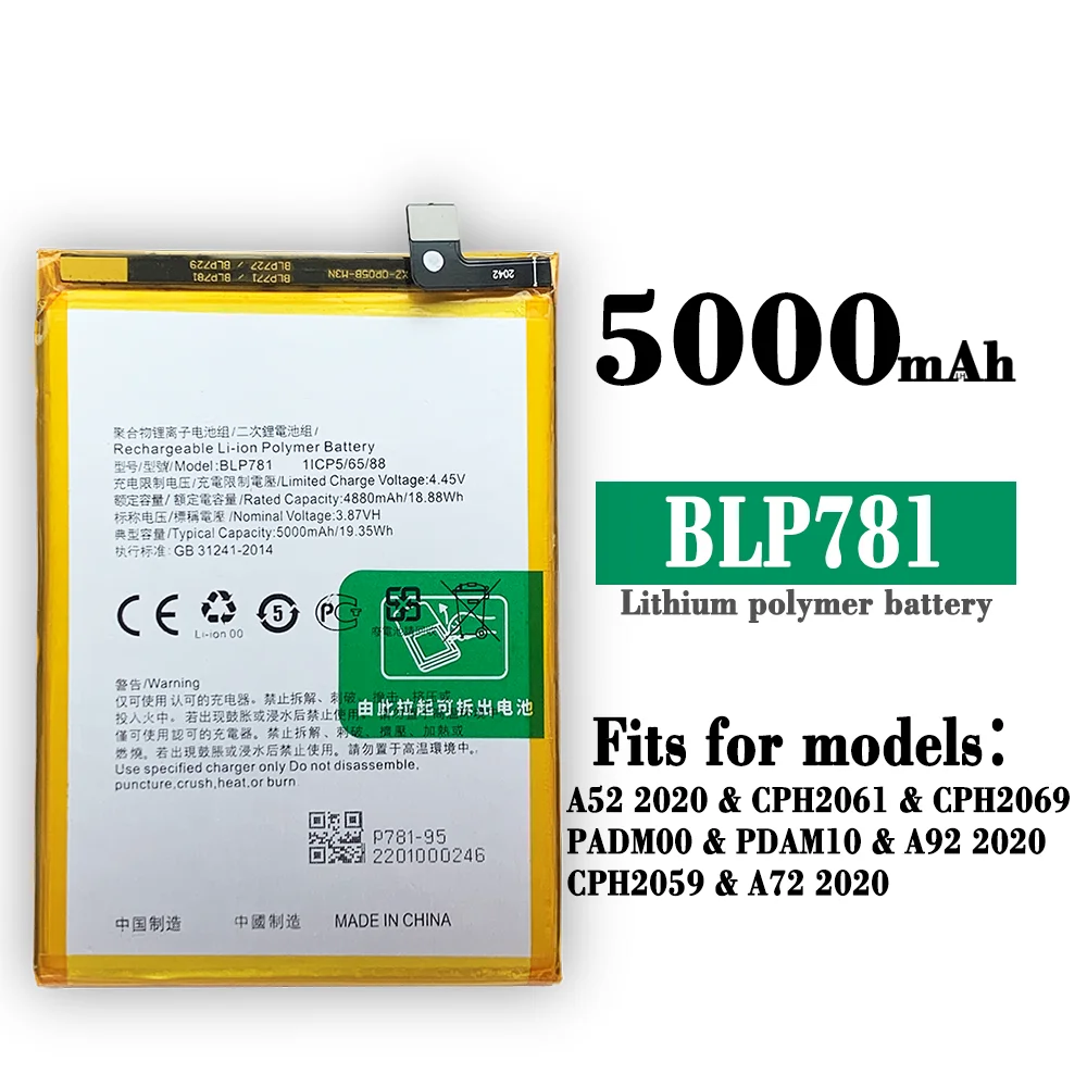 New Replacement Battery For OPPO 5000mAh BLP781 A52 A72 A92 BLP781 Smartphone Batteries
New Replacement Battery For OPPO 5000mAh BLP781 A52 A72 A92 BLP781 Smartphone Batteries