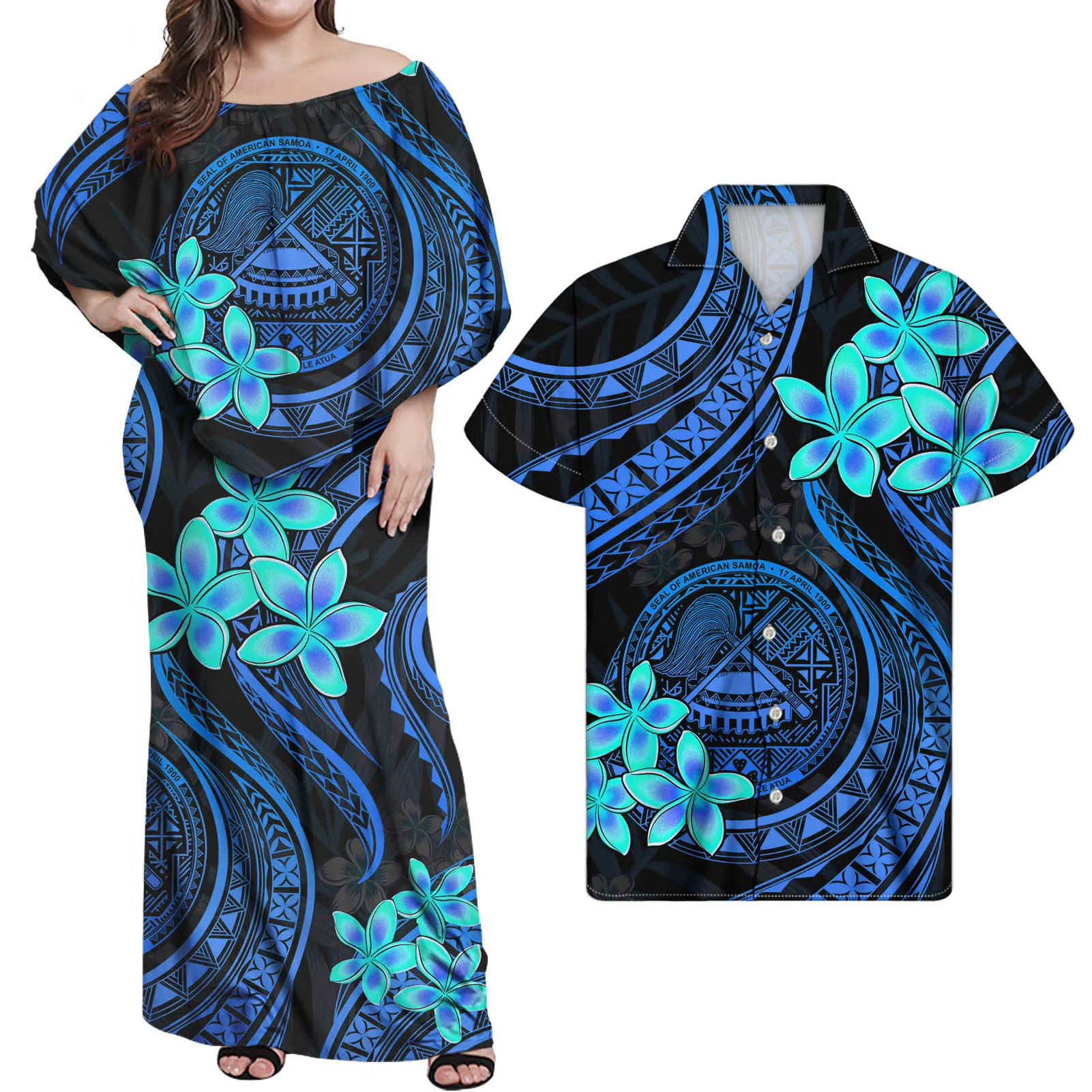 

HYCOOL 2023 Blue Summer Dress Women Stylish Elegant Polynesian Tribal Print Sleeveless Slash Collar Elegant Party Couple Outfits