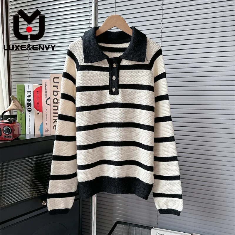 LUXE&ENVY New Korean Neck Fashion Loose Contrast Stripes Versatile Long Sleeve Knitted Sweater 2023 Autumn
LUXE&ENVY New Korean Neck Fashion Loose Contrast Stripes Versatile Long Sleeve Knitted Sweater 2023 Autumn