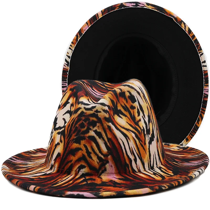 

New Fashion Outer Tiger stripe Patchwork Women Fedoras Top Jazz Felt Wide Brim Hats Unisex Panama Wool Felt Fedora Hat