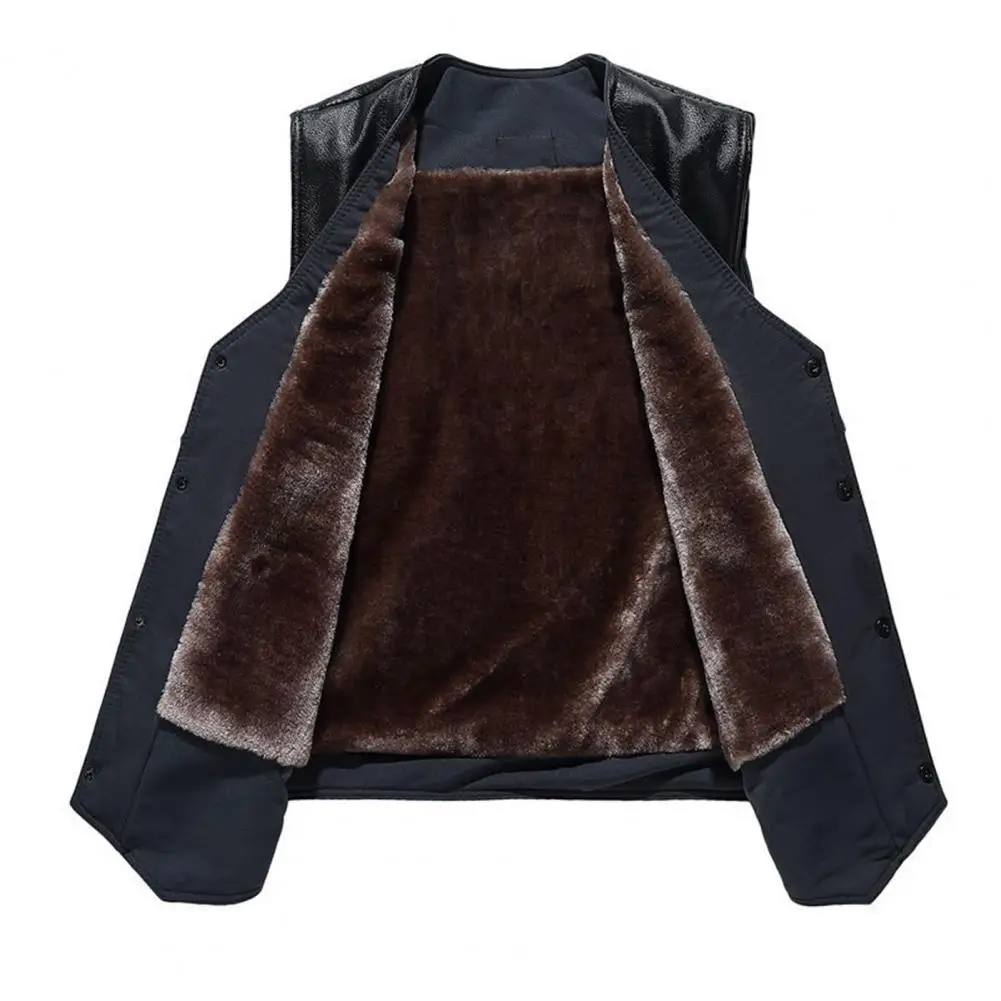 Men Winter Waistcoat Stylish Mid-aged Men's Faux Leather V Neck Vest with Plush Lining Multiple Pockets Windproof for Fall
Men Winter Waistcoat Stylish Mid-aged Men's Faux Leather V Neck Vest with Plush Lining Multiple Pockets Windproof for Fall