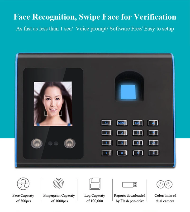 

Biometric Fingerprint Time Clock Attendance System Face Recognition Employee Checking-in Attendance Machine TFT LCD Display USB