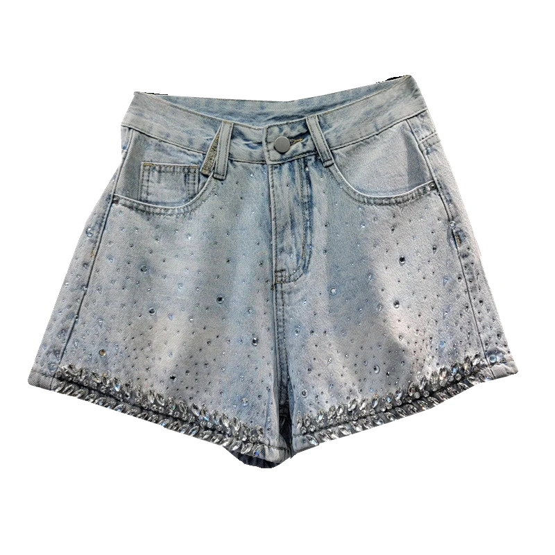 

Heavy Embroidery Hot Drilling Beaded Denim Shorts Women's Fashionable 2024 New Summer High Waist Wide Leg Pants Hot Pants