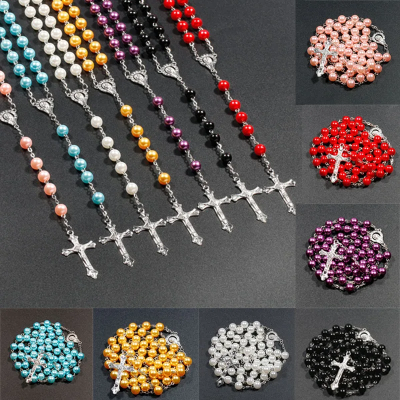 

2pcs/set 70cm Faux Pearl Rosary Necklace Virgin Mary Jesus Cross Pendant Long Beads Chains Women Men Fashion Party Jewelry