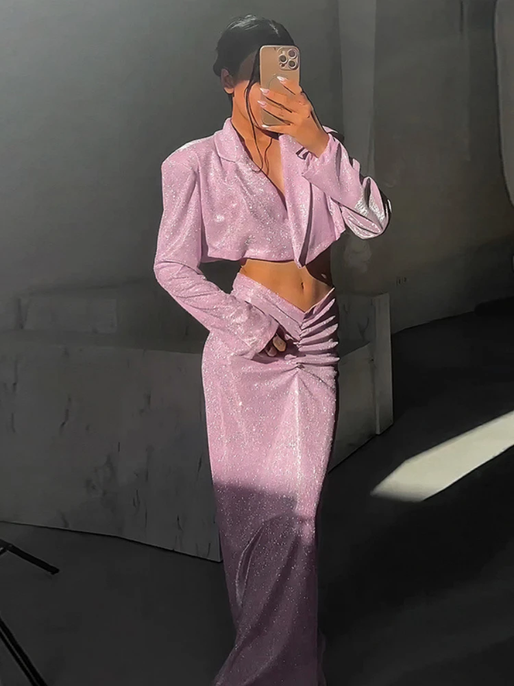 Sunny 2023 Autumn Elegant Party Sexy Dress Two Piece Sets Women's Outfits Pink Shiny Shoulder Pad Suit Top Pleated Long Dress
Sunny 2023 Autumn Elegant Party Sexy Dress Two Piece Sets Women's Outfits Pink Shiny Shoulder Pad Suit Top Pleated Long Dress