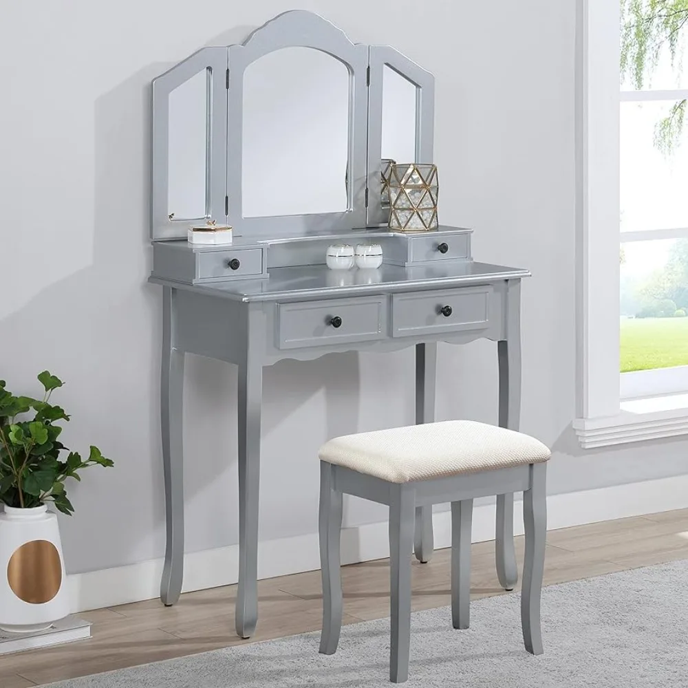 

Wooden Vanity | Make Up Table and Stool Set | Silver Freight Free Dresser With Mirror Dressing Furniture Makeup Bedroom Home