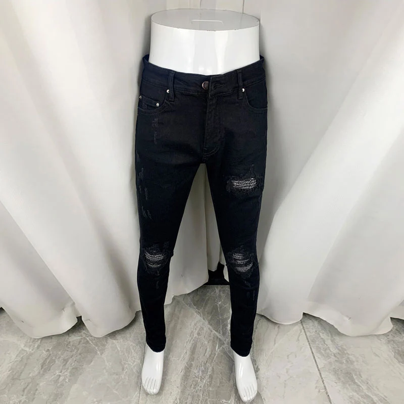 

Street Fashion Men Jeans Black Stretch Skinny Fit Ripped Jeans Men Punk Trousers Beading Patched Designer Hip Hop Brand Pants