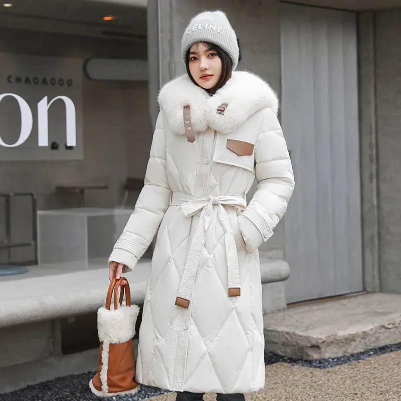 

New Cotton Padded Quilted Jacket Women Clothes Winter Coat Big Fur Collar Snow Parkas Overcoat Long Warm Puffer Jacket With Belt