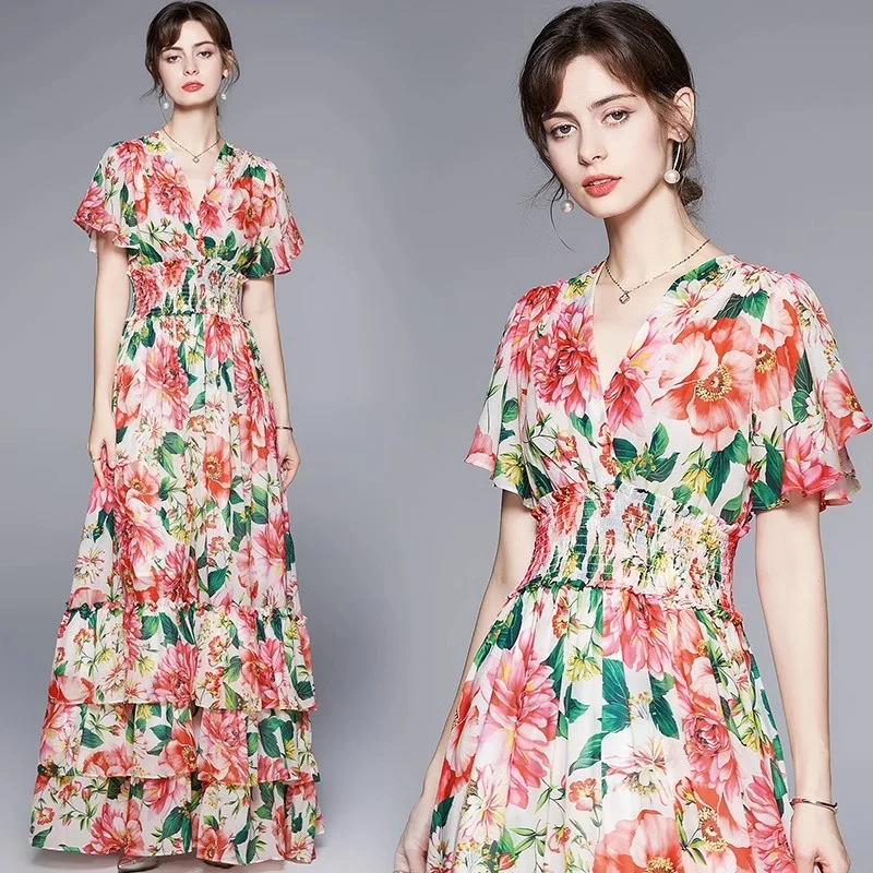 Sexy V-neck Ruffled Short Sleeved Elastic Waistband Printed Elongated Summer Breathable Women's Dress Vestidos Free Shipping
Sexy V-neck Ruffled Short Sleeved Elastic Waistband Printed Elongated Summer Breathable Women's Dress Vestidos Free Shipping